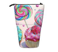 JKLQWC Standing Retractable Cute Pencil Case Organizer - Colorful Sweet Lollipop Cupcake Donut Prints Stationery & Makeup Pouch for Travel, School, Office, Gifts