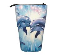 JKLQWC Standing Retractable Cute Pencil Case Organizer - Dolphins in Love 1 Prints Stationery & Makeup Pouch for Travel, School, Office, Gifts
