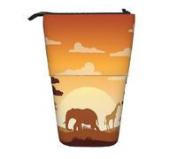 JKLQWC Standing Retractable Cute Pencil Case Organizer, Elephant and Giraffe in The Sunset Prints Stationery & Makeup Pouch for Travel, School, Office, Gifts