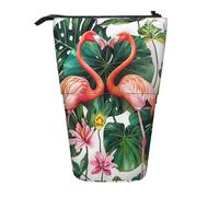 JKLQWC Standing Retractable Cute Pencil Case Organizer - Flamingo Bird Round Leaves Prints Stationery & Makeup Pouch for Travel, School, Office, Gifts