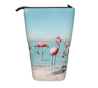 JKLQWC Standing Retractable Cute Pencil Case Organizer - Flock of Flamingos on The Beach Prints Stationery & Makeup Pouch for Travel, School, Office, Gifts