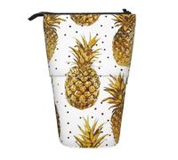 JKLQWC Standing Retractable Cute Pencil Case Organizer - Gold Glitter Pineapples Fruit Prints Stationery & Makeup Pouch for Travel, School, Office, Gifts