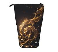 JKLQWC Standing Retractable Cute Pencil Case Organizer - Gold Musical Note with Fallen Shiny Star Prints Stationery & Makeup Pouch for Travel, School, Office, Gifts