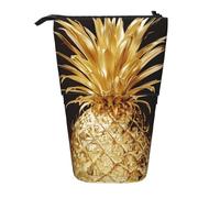 JKLQWC Standing Retractable Cute Pencil Case Organizer - Gold Pineapple Prints Stationery & Makeup Pouch for Travel, School, Office, Gifts