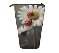 JKLQWC Standing Retractable Cute Pencil Case Organizer - Ladybug and White Flwers Prints Stationery & Makeup Pouch for Travel, School, Office, Gifts