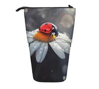 JKLQWC Standing Retractable Cute Pencil Case Organizer - Ladybug on Flower Prints Stationery & Makeup Pouch for Travel, School, Office, Gifts
