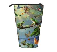 JKLQWC Standing Retractable Cute Pencil Case Organizer - Many Frogs Sing on The Branches Butterflies Prints Stationery & Makeup Pouch for Travel, School, Office, Gifts