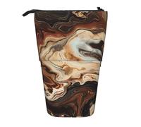 JKLQWC Standing Retractable Cute Pencil Case Organizer - Marble Mixed Brown Prints Stationery & Makeup Pouch for Travel, School, Office, Gifts