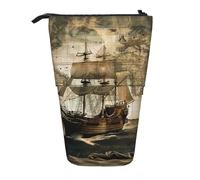 JKLQWC Standing Retractable Cute Pencil Case Organizer - Nautical Sailing Pirate Theme Prints Stationery & Makeup Pouch for Travel, School, Office, Gifts