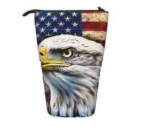 JKLQWC Standing Retractable Cute Pencil Case Organizer - Patriotic Bald Eagle with USA Flag Prints Stationery & Makeup Pouch for Travel, School, Office, Gifts