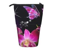 JKLQWC Standing Retractable Cute Pencil Case Organizer, Pink Flower and Butterfly Prints Stationery & Makeup Pouch for Travel, School, Office, Gifts