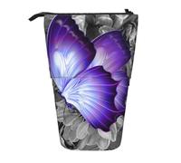 JKLQWC Standing Retractable Cute Pencil Case Organizer, Purple Butterfly Prints Stationery & Makeup Pouch for Travel, School, Office, Gifts