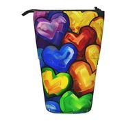 JKLQWC Standing Retractable Cute Pencil Case Organizer - Rainbow Colored Gay Pride Hearts Prints Stationery & Makeup Pouch for Travel, School, Office, Gifts