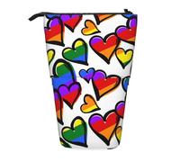 JKLQWC Standing Retractable Cute Pencil Case Organizer, Rainbow Colored Gay Pride Hearts Prints Stationery & Makeup Pouch for Travel, School, Office, Gifts