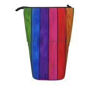 JKLQWC Standing Retractable Cute Pencil Case Organizer - Rainbow Colored Wood Background Prints Stationery & Makeup Pouch for Travel, School, Office, Gifts