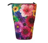 JKLQWC Standing Retractable Cute Pencil Case Organizer - Rainbow Flowers Prints Stationery & Makeup Pouch for Travel, School, Office, Gifts