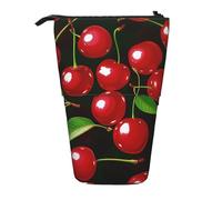 JKLQWC Standing Retractable Cute Pencil Case Organizer - Red Cherries Prints Stationery & Makeup Pouch for Travel, School, Office, Gifts