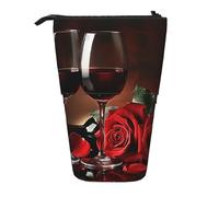 JKLQWC Standing Retractable Cute Pencil Case Organizer - Red Rose and Wine Romantic Lovers Decor Prints Stationery & Makeup Pouch for Travel, School, Office, Gifts