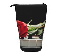 JKLQWC Standing Retractable Cute Pencil Case Organizer, Red Rose on Piano Prints Stationery & Makeup Pouch for Travel, School, Office, Gifts