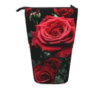 JKLQWC Standing Retractable Cute Pencil Case Organizer - Red Rose Prints Stationery & Makeup Pouch for Travel, School, Office, Gifts