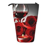 JKLQWC Standing Retractable Cute Pencil Case Organizer, Red Wine Rose and Candle Prints Stationery & Makeup Pouch for Travel, School, Office, Gifts