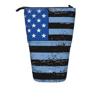 JKLQWC Standing Retractable Cute Pencil Case Organizer - Retro Blue Thin Line USA Flag Prints Stationery & Makeup Pouch for Travel, School, Office, Gifts