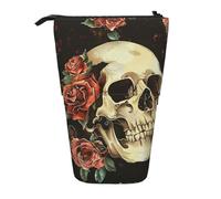 JKLQWC Standing Retractable Cute Pencil Case Organizer - Rose Skull Prints Stationery & Makeup Pouch for Travel, School, Office, Gifts