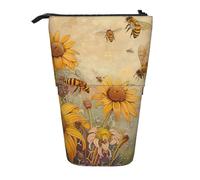 JKLQWC Standing Retractable Cute Pencil Case Organizer - Rural Honey Bees Flowers Prints Stationery & Makeup Pouch for Travel, School, Office, Gifts