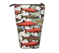 JKLQWC Standing Retractable Cute Pencil Case Organizer - Salmon Prints Stationery & Makeup Pouch for Travel, School, Office, Gifts
