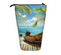 JKLQWC Standing Retractable Cute Pencil Case Organizer - Seaside Boat Coconut Leaves Prints Stationery & Makeup Pouch for Travel, School, Office, Gifts