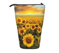 JKLQWC Standing Retractable Cute Pencil Case Organizer - Sunflower Field Prints Stationery & Makeup Pouch for Travel, School, Office, Gifts