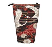 JKLQWC Standing Retractable Cute Pencil Case Organizer - Two Cranes Chrysanthemums Prints Stationery & Makeup Pouch for Travel, School, Office, Gifts