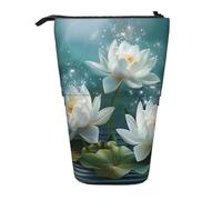 JKLQWC Standing Retractable Cute Pencil Case Organizer - White Lotus Flowers Print Prints Stationery & Makeup Pouch for Travel, School, Office, Gifts