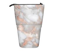 JKLQWC Standing Retractable Cute Pencil Case Organizer - White Marble Rose Gold Prints Stationery & Makeup Pouch for Travel, School, Office, Gifts