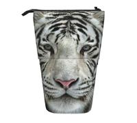 JKLQWC Standing Retractable Cute Pencil Case Organizer, White Tiger Prints Stationery & Makeup Pouch for Travel, School, Office, Gifts
