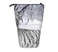 JKLQWC Standing Retractable Cute Pencil Case Organizer, White Tiger Prints Stationery & Makeup Pouch for Travel, School, Office, Gifts