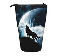 JKLQWC Standing Retractable Cute Pencil Case Organizer, Wolf Howling At The Moon Prints Stationery & Makeup Pouch for Travel, School, Office, Gifts