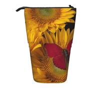 JKLQWC Standing Retractable Cute Pencil Case Organizer, Yellow Sunflowers with Red Butterfly Prints Stationery & Makeup Pouch for Travel, School, Office, Gifts