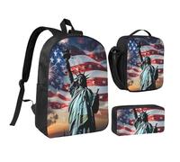 JKLQWC Statue of Liberty Flag Print Backpack Set 3-Piece, 17-Inch School Bag with Insulated Lunch Bag & Pencil Case for Students Teens Girls Boys