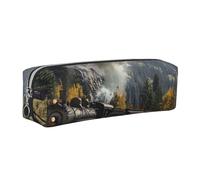 JKLQWC Steam Locomotive Train Printed Leather Pencil Case with Silver Zipper - Simple and Lightweight Organizer for School, Office, Travel, Makeup