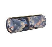 JKLQWC Steam Train Clouds Printed Cylinder Pencil Case with Gold Zipper - Lightweight Leather Organizer for School, Office, Travel, Makeup