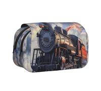 JKLQWC Steam Train Clouds Prints Pencil Case for Kids Men Women, Two Layers Large Capacity Pencil Pouch Makeup Bag Organizer for Office School Travel