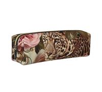 JKLQWC Striped Rose and Leopard Printed Leather Pencil Case with Gold Zipper - Simple and Lightweight Organizer for School, Office, Travel, Makeup