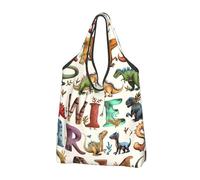 JKLQWC Stylish Learning Alphabets with Dinosaurs Printed Foldable Shopping Bag 2 PCS, Reusable Grocery Tote Bags for Daily Shopping and Travel