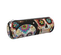 JKLQWC Sugar Skulls Printed Cylinder Pencil Case with Silver Zipper - Lightweight Leather Organizer for School, Office, Travel, Makeup