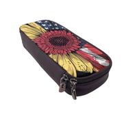 JKLQWC Sunflower American Flag Printed PU Leather Pencil Case Cute Pen Pencil Box Bag Zipper Office School Pencil Pouch Organizer for Students Teen Girls Boys Adult