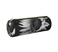 JKLQWC Sunflower Black Grey Printed Cylinder Pencil Case with Gold Zipper - Lightweight Leather Organizer for School, Office, Travel, Makeup