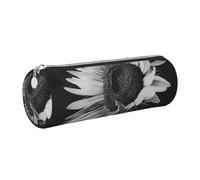 JKLQWC Sunflower Black Grey Printed Cylinder Pencil Case with Silver Zipper - Lightweight Leather Organizer for School, Office, Travel, Makeup
