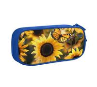 JKLQWC Sunflower Blooming Flowers Plants Butterfly Printed Pencil Case Cute Pen Pencil Box Bag Zipper Storage Organizer Box Holder for Office School Teen Girl Boy Adult,Blue