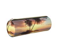 JKLQWC Sunrise Tropical Palm Tree Island Printed Cylinder Pencil Case with Gold Zipper - Lightweight Leather Organizer for School, Office, Travel, Makeup